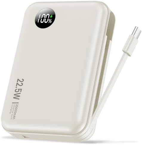 Ultra-Compact 20000 m Ah Power Bank with Precision LED Display | Rapid 22.5 W PD Fast Charging for i Phone, Samsung, Android & More | 4-Port Portable Charger with Built-In USB-C Cable – Ideal for Family Travels, Outdoor Adventures & Daily Use | Week-Long Power Supply with 10,000 Bend-Tested Durability for Ultimate Reliability