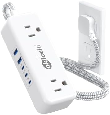 Compact Power Strip with USB-C and Dual USB-A Ports – 3 ft Extension Cord with 4 Outlets & 4.8 A Fast Charging Station for Laptops, Tablets, and Smartphones – Flat Plug Design Perfect for Tight Spaces and Travel – Versatile Multi-Device Charging Hub for Home and Office Use