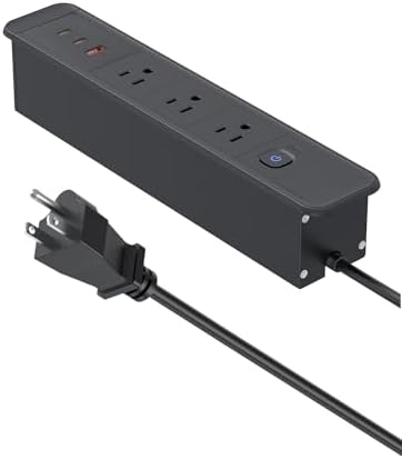 Recessed USB C Power Strip with 65 W Fast Charging – Sleek Desk-Mounted Outlet Kit Featuring 3 AC Outlets and 6 ft Flat Plug Cable for Organized Home, Office & Kitchen Spaces – Ultimate Surge Protector and Space-Saving Charging Solution