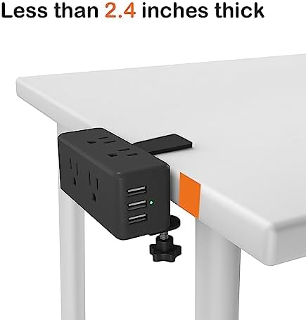 Elevate Your Workspace with the Meeoueoiu Compact Desk Edge Clamp Power Strip: 6 AC Outlets & 3 USB-A Ports for Seamless Charging, Perfect for 2.4″ Tabletops – 6.56 ft Extension Cord, Sleek Black Design for Home & Office Efficiency