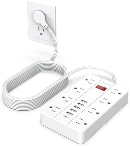Ultimate 8-Outlet Surge Protector Power Strip with 6 USB Ports (1 USB-C) – AOFO 5 ft Flat Plug Extension Cord, Wall-Mountable Charging Station for Efficient Device Management and Fast Charging for Phones, Tablets, and Laptops – Enhanced Compatibility and Safety Features for Home and Office Use