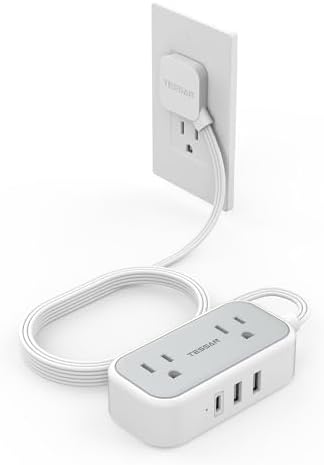 TESSAN 10 FT Flat Plug Extension Cord – Compact Power Strip with 3 Fast-Charging USB Ports (1 USB-C) & 2 AC Outlets – Ideal Multi-Device Charging Station for Dorm Rooms, Home Offices, and Cruise Travel – Sleek Gray Design for Space Efficiency and Modern Aesthetics