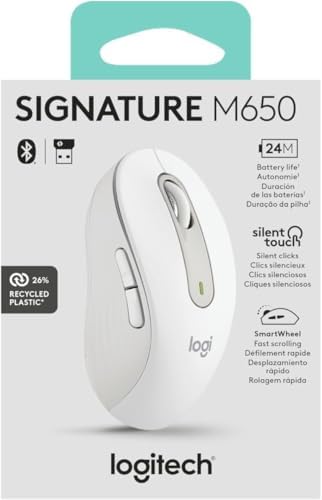 Logitech Signature M650 L Wireless Mouse for Large Hands – Ergonomic Comfort, 2-Year Battery Life, Silent Click Technology, Customizable Functions, Bluetooth Compatible with PC/Mac/Chromebook – Elegant Off White Finish for Professional & Casual Use