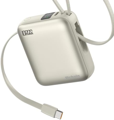 Sleek Gold Portable Power Bank with Built-in Cables and LED Battery Indicator – 10,000 m Ah USB-C Fast Charging Power Pack for i Phone, i Pad, Samsung, and Android Devices – Essential Travel Charger with Intelligent Safety Technology for Ultimate On-the-Go Convenience