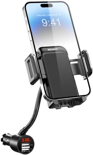 SOAIY 3-in-1 Cigarette Lighter Car Mount with Voltage Detector – Dual USB 3.1 A Charger, Flexible Gooseneck, and 360° Rotating Cradle for Enhanced Smartphone Compatibility (Fits 1.7-3.7 Inch Devices) – Ultimate Driving Convenience and Safety Solution