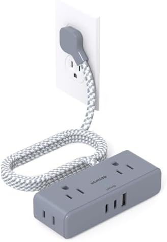BESHON 10 ft Flat Plug Extension Cord with 4 Wide Outlets & 3 USB Ports (2 USB-C) – Versatile Power Strip for Home, Office & Dorm – Space-Saving Design with Surge Protection & Fast Charging Capabilities