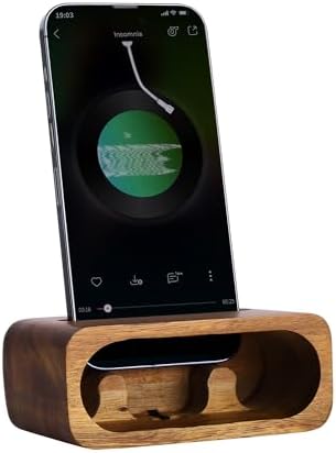 Navaris Bamboo Phone Stand – Bamboo Phone Stand for Desk – Enhanced Sound with Built-in Amplifier – Portable Bamboo Cell Phone Holder Charging Dock for Kitchen Office Bedside – Enhanced Compatibility and Speed