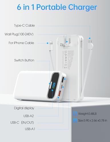 Ultra-Compact 12000 m Ah Power Bank with Built-in Charging Cables & AC Plug – 20 W PD Fast Charging for i Phone, Samsung, Android, USB-C Devices – Travel-Friendly External Battery Pack in Purple – Unmatched Portability and Efficiency for On-the-Go Charging Solutions
