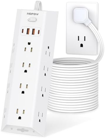 15 FT Surge Protector Power Strip with 12 AC Outlets & 4 USB Ports (2 USB-C) – Versatile Flat Plug Extension Cord for Home & Office, Wall Mountable Charging Station for Efficient Device Management and Enhanced Safety
