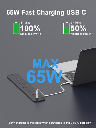Recessed USB C Power Strip with 65 W Fast Charging – Sleek Desk-Mounted Outlet Kit Featuring 3 AC Outlets and 6 ft Flat Plug Cable for Organized Home, Office & Kitchen Spaces – Ultimate Surge Protector and Space-Saving Charging Solution