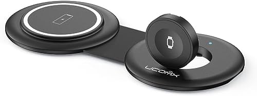 UCOMX Nano Mini Magnetic 2-in-1 Wireless Travel Charger – Compact Folding Charging Station for i Phone 12 to 16 Pro Max, Air Pods Pro, and i Watch Ultra – Effortless Multi-Device Compatibility and Fast Charging Technology for On-the-Go Professionals and Travelers