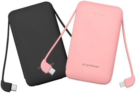 Ultra-Slim 5000 m Ah Power Bank with Built-In USB-C Cables – Dual Charging External Battery Pack for i Phone & Android – Lightweight Travel Companion in Black & Pink – Effortless Portability and Enhanced Device Compatibility