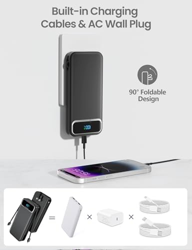 12000 m Ah Ultra-Light Portable Power Bank with Built-In Cables & AC Wall Plug – PD20 W USB-C Fast Charging for i Phone, Samsung & Android – LED Display for Battery Monitoring – Ultimate Travel Companion for Quick Device Recharging