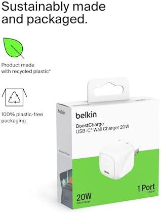 Belkin 20 W USB-C Power Delivery Charger Block – Ultra-Compact Fast Charging Adapter for i Phone 16, Samsung Galaxy S25, Google Pixel & More – Sleek, Portable Design with Advanced Safety Features for Home, Office, and Travel.