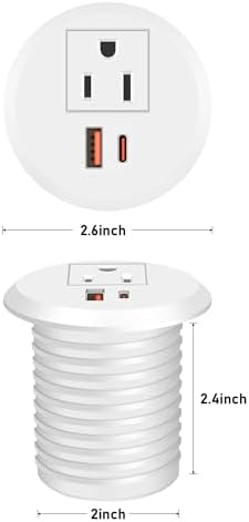 Revolutionize Your Workspace with the 2-Inch Desk Power Grommet Featuring PD 20 W USB-C Fast Charging, Ultra-Flat Plug Design, and Recessed Outlet for Seamless Cable Management – Perfect for Home or Office Use with 6 ft Power Cable (White)