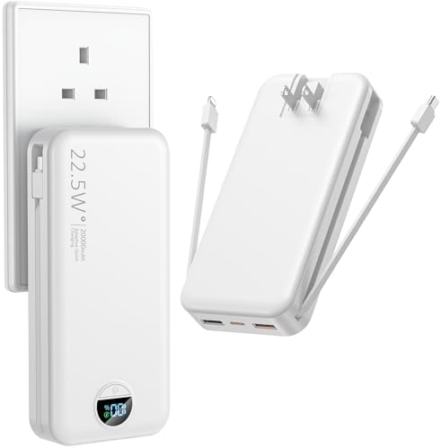 Ultimate 20,000 m Ah Portable Charger with Wall Plug – Fast Charging USB-C Power Bank with Built-in Cables, Digital Display, and Versatile 5 Output Ports for i Phone, Android, and Tablets – Stay Charged Anywhere with Enhanced Compatibility and Speed