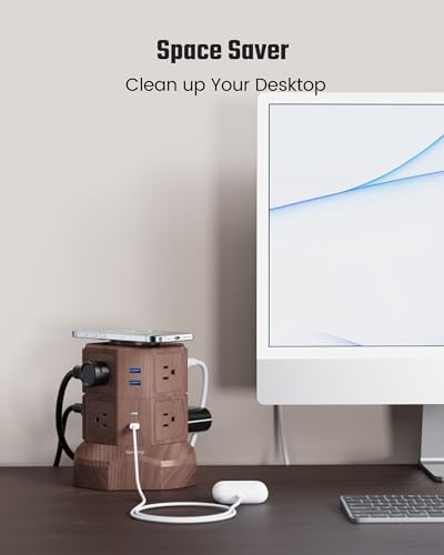 Revolutionize Your Charging Setup with SUPERDANNY Power Strip Tower – 15 W Wireless Charger, 6.5 Ft Retractable Cord, 1050 J Surge Protection, 8 Outlets & 4 USB Ports (2 USB-C) for Ultimate Home and Office Versatility