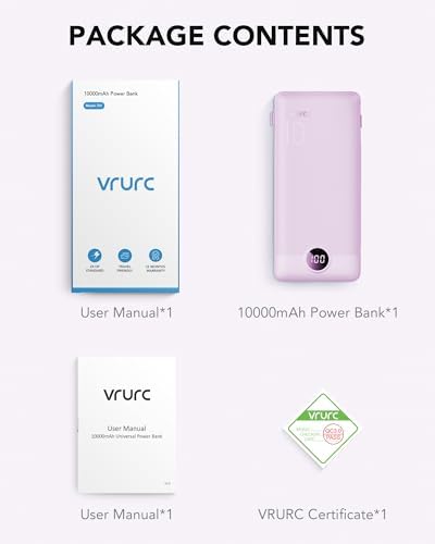 VRURC 10,000 m Ah USB C Power Bank with Built-in Cables & AC Wall Plug – Compact Lightweight Travel Charger for Smartphones & Tablets – Ultimate Convenience & Enhanced Charging Speed