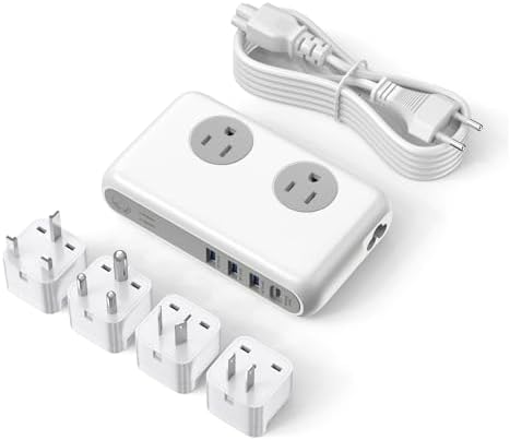 Universal Travel Voltage Converter & 4-Port USB-C Adapter – 220 V to 110 V Step-Down Power Solution for Global Use – 230 W Capacity with Interchangeable Plugs for EU, UK, AU, US & India – Essential for International Travelers and Expatriates