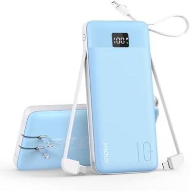 Revolutionize Your Charging Experience with ANOUV 10,000 m Ah Portable Power Bank – Built-in Cables & AC Plug for Fast, On-the-Go USB-C Charging, Compatible with i Phones and All Smart Devices – LED Display for Real-Time Battery Monitoring – The Ultimate Travel Essential for Efficiency and Convenience