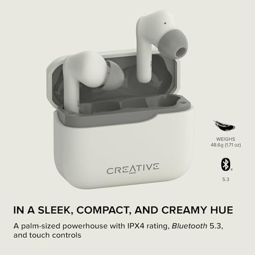 Creative Zen Air Plus Lightweight True Wireless Earbuds – Bluetooth LE Audio with Hybrid Active Noise Cancellation, Ambient Mode, and 32 Hours Playtime – Ergonomic Design with 6 Mics for Crystal-Clear Calls – Perfect for Commuting and Everyday Use (Cream)