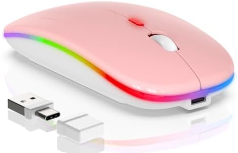 Sleek LED Bluetooth Wireless Mouse for Mac & PC – Rechargeable, RGB Light-Up Design with Dual Connectivity (BT5.2 + 2.4 G USB) – Slim, Portable Mouse with Jiggler Function for Work & Play – Enhanced Performance & Style in White