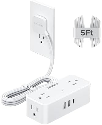 TESSAN 5 FT Flat Plug Extension Cord with 4 AC Outlets, 1 USB-C & 2 USB-A Ports – 900 Joules Surge Protector Power Strip for Home Office & Dorm Room – Maximize Charging Efficiency & Space Savings with Versatile Power Accessory