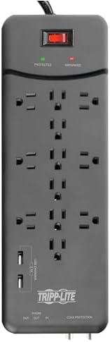 Tripp Lite 12-Outlet Surge Protector Power Strip with 8 ft Cord and Right-Angle Plug – Advanced Protection for Modems, Telephones, Coaxial & Ethernet Devices – $250,000 Equipment Insurance Included – Optimize Your Workspace with Reliable Surge Defense and Enhanced Connectivity Solutions