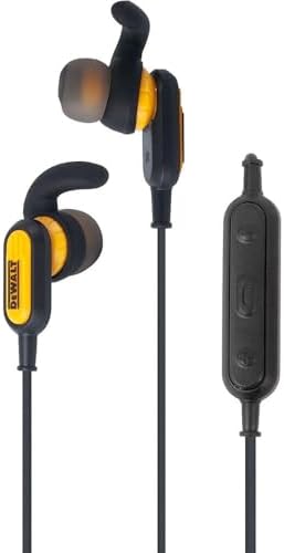 DEWALT Heavy Duty Bluetooth Neckband Earbuds for Professionals – Wireless 5.2 Headphones with IP56 Waterproof Protection, 20-Hour Playtime, Deep Bass Audio, and Built-in Microphone for Clear Calls – Ultimate Comfort and Durability for Jobsite Use