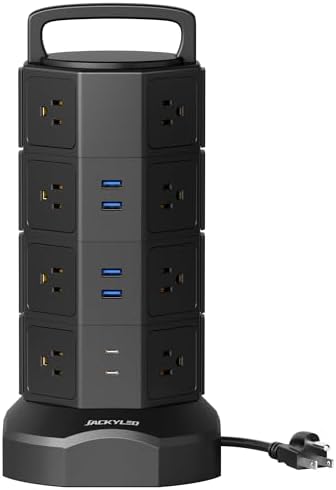 JACKYLED Power Strip Tower Surge Protector with 12 Outlets and 6 USB Ports (2 USB-C) – High-Speed Charging Station with 1050 Joules Protection, 1625 Watts, 6.5 ft Extension Cord for Enhanced Home Office Efficiency and Device Safety