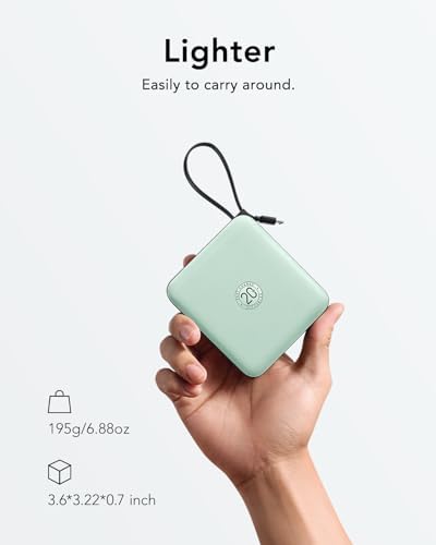 VRURC 10,000 m Ah USB C Portable Charger – Fast Charging Power Bank with Built-in Cable for i Phone 16/15/14, Galaxy S23/S22, Google Pixel & More – Lightweight Green Design for Ultimate Mobility and Reliability