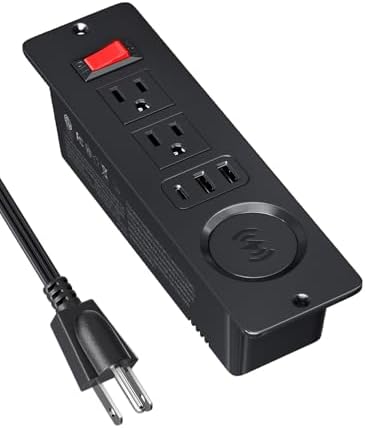 Recessed Power Strip with 15 W Wireless Charging & PD20 W USB-C Fast Charge – Sleek Flush Mount Design for Nightstands, Sofas, and Tables – Maximize Space and Efficiency with Dual Outlets and USB Ports for Ultimate Convenience