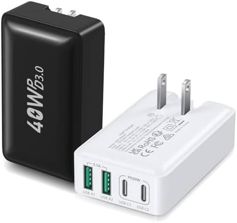 Excgood 40 W Multi-Port USB C Charger Block – 4-Port Fast Charging Wall Adapter with Dual PD & QC Technology, Compact Foldable Design for Travel, Compatible with i Phone 16/15 Pro Max/14/13, i Pad, Galaxy S23 – Sleek Black Finish, 2-Pack for Ultimate Device Compatibility and Efficiency