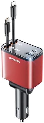 2025 SUPERONE 69 W Retractable Car Charger – Fast Charging Dual-Port Accessory for i Phone 16/15/14/13/12 & Samsung Devices, Tangle-Free Design, Ideal Gift for Men & Women, Essential Car Travel Companion