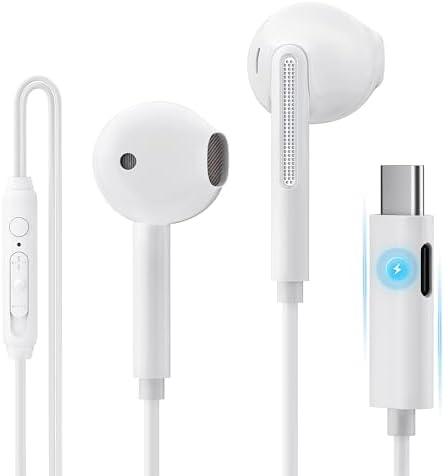 High-Fidelity USB C Wired Headphones with Integrated Charging Port for i Phone 15 Pro Max, i Pad Air, Mac Book & USB-C Devices – Premium Audio Earbuds for Uninterrupted Listening Experience with Lenovo, Dell, Samsung, and Google Pixel Compatibility