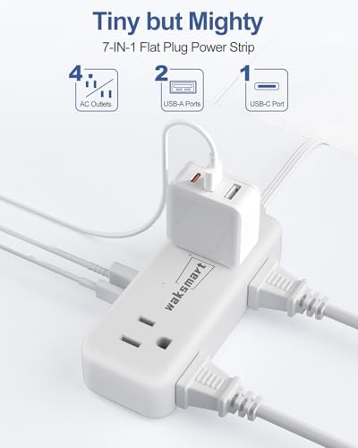 Sleek Flat Plug Power Strip with 5 Ft Extension Cord – 4 AC Outlets & 3 Fast-Charging USB Ports (5 V/3.4 A) – Compact Travel-Friendly Power Solution for College Dorms, Home Offices, and On-the-Go Charging – Maximize Space and Connectivity