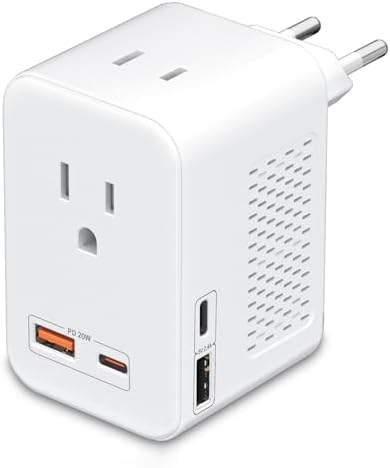 Universal Travel Power Adapter: High-Speed Voltage Converter with Dual AC Outlets and 20 W USB-C Ports for Effortless Charging of US Devices Globally, Ideal for Adventures Across Europe and Beyond