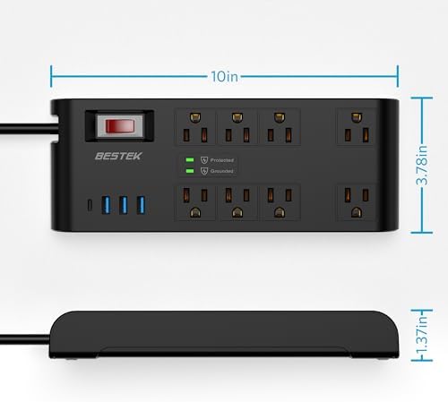 BESTEK 8-Outlet Power Strip with 5-Foot Extension Cord: Multi-Port USB Charging Hub Featuring 3 USB-A (2.4 A) & 1 USB-C (3 A) | 1625 W Max Output with 600 Joule Surge Protection for Enhanced Device Safety | Ultra-Compact Design for Home & Office Efficiency