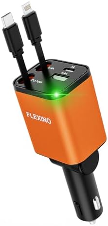 Premium Flexino Compact Retractable Car Charger for i Phone 16 – 69 W Fast Charging with Dual 2.6 ft USB C Cords | Efficient Power Adapter Compatible with i Phone 16/15/14/13/12 Series & Galaxy Devices | Sleek Grey Design for Ultimate Portability and Reduced Cable Clutter