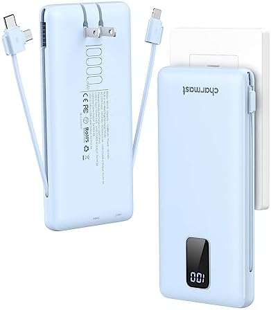 Ultimate Charmast 10,000 m Ah Portable Power Bank with Integrated Cables & Wall Plug – Fast Charging Essential for i Phone 16/15/14/13, Samsung, i Pad, and More – Unmatched Convenience for Travelers and On-the-Go Professionals
