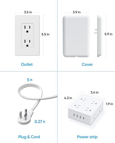 Olcorife Slim Profile Flat Extension Cord Power Strip with 6 Versatile Outlets and 3 Fast-Charging USB Ports, 2000 Joules Surge Protection, 5 FT Space-Saving Cord for Organized Power Solutions in Tight Spaces and Modern Environments
