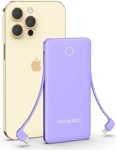 miisso 10000 m Ah Ultra-Slim Portable Power Bank with Integrated Charging Cables – Multi-Device USB-C Travel Charger for i Phone & Samsung – Compact, Lightweight Battery Pack Designed for Maximum Portability and Efficiency