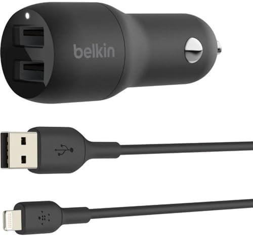 Belkin 24 W Dual USB Car Charger with Lightning Cable – High-Speed Charging Solution for i Phone, Samsung Galaxy, Air Pods & More – Compact and Durable Dual USB-A Power Adapter for Effortless On-the-Go Connectivity – Ultimate Versatility for Multiple Devices
