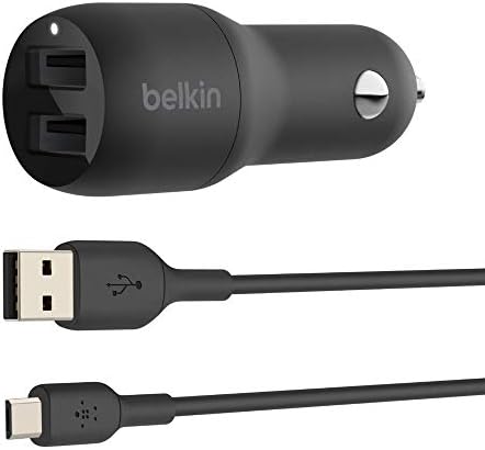 Belkin 24 W Dual USB Car Charger – Ultra-Fast Charging Adapter with 2 x 12 W USB-A Ports & Included Micro-USB Cable for i Phone 14/13, Samsung Galaxy, Air Pods & More – Compact Power Solution for On-the-Go Charging Needs