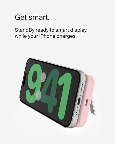 Belkin Wireless Power Bank 5000 m Ah with Mag Safe Compatibility – Portable Charger for i Phone 16 Series, i Phone 15, and Air Pods – 7.5 W Fast Charging with Built-in Kickstand for Hands-Free Use – Lightweight White Design for On-the-Go Charging Solutions