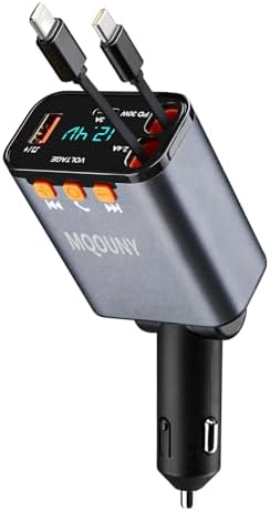 Revamp Your Drive with the 5-in-1 Retractable Car Charger: 60 W Fast Charging, Bluetooth 5.3 FM Transmitter, Hands-Free Calling & Integrated MP3 Player – Dual Retractable Cables & USB Ports for Ultimate Connectivity (Purple) – Elevate Your Mobile Experience on the Go!