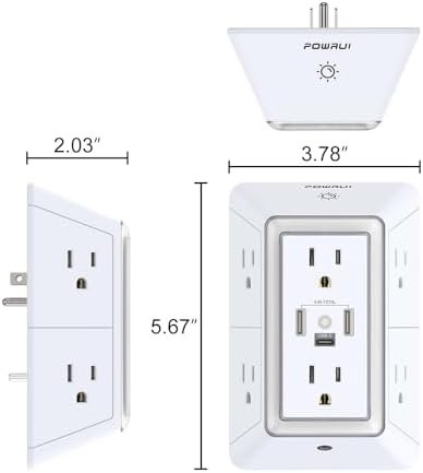 Maximize Your Charging Efficiency with the POWRUI 6-Outlet Extender & USB Wall Charger – Versatile Surge Protector with Dual 2.4 A USB Ports, Integrated Night Light, 3-Sided Design for Optimal Space Utilization, ETL Certified Safety, Ideal for Home and Office Use