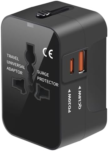 Global Travel Power Adapter with Dual USB-C & USB-A Ports – Compact & Efficient Universal Charger for USA, EU, UK & AUS – Reliable Fast Charging Solution for Tech-Savvy Travelers in Sleek Black Finish