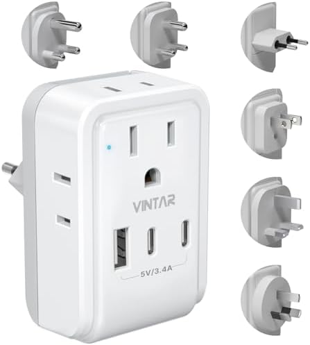 VINTAR All-in-One Global Travel Adapter: Ultimate Universal Power Converter with 4 AC Outlets & 3 High-Speed USB Ports (2 USB-C) – Enhanced Worldwide Compatibility for Europe, UK, Australia, Japan, and Africa – Must-Have Travel Accessory with Interchangeable Plug Attachments for Effortless Device Charging