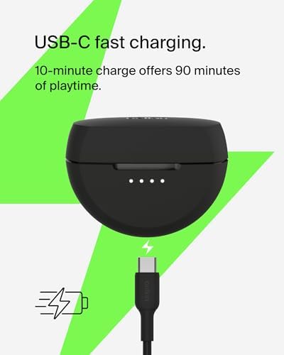 Belkin Sound Form Rhythm True Wireless Earbuds – Superior Sound Quality with 28-Hour Playtime, IPX5 Water-Resistant Design, and Integrated Microphone for Effortless Calls – Fast USB-C Charging for i Phone, i Pad, Galaxy, Pixel & More – Ideal for Active Lifestyles in Sleek White Finish